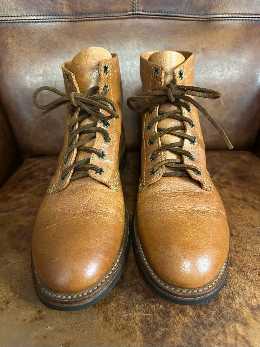 J. Artola Brooklyn Pebble Grain Leather Ankle Work Boots Tan / Cognac Men’s 10